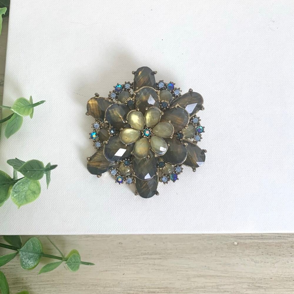 Vintage Smoky Green Glass Floral Brooch Blue AB Rhinestone Large Statement Pin